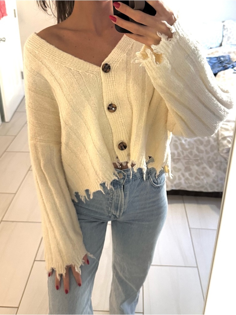 Altar’d State Small Cream Distressed Button-Front Cropped Sweater